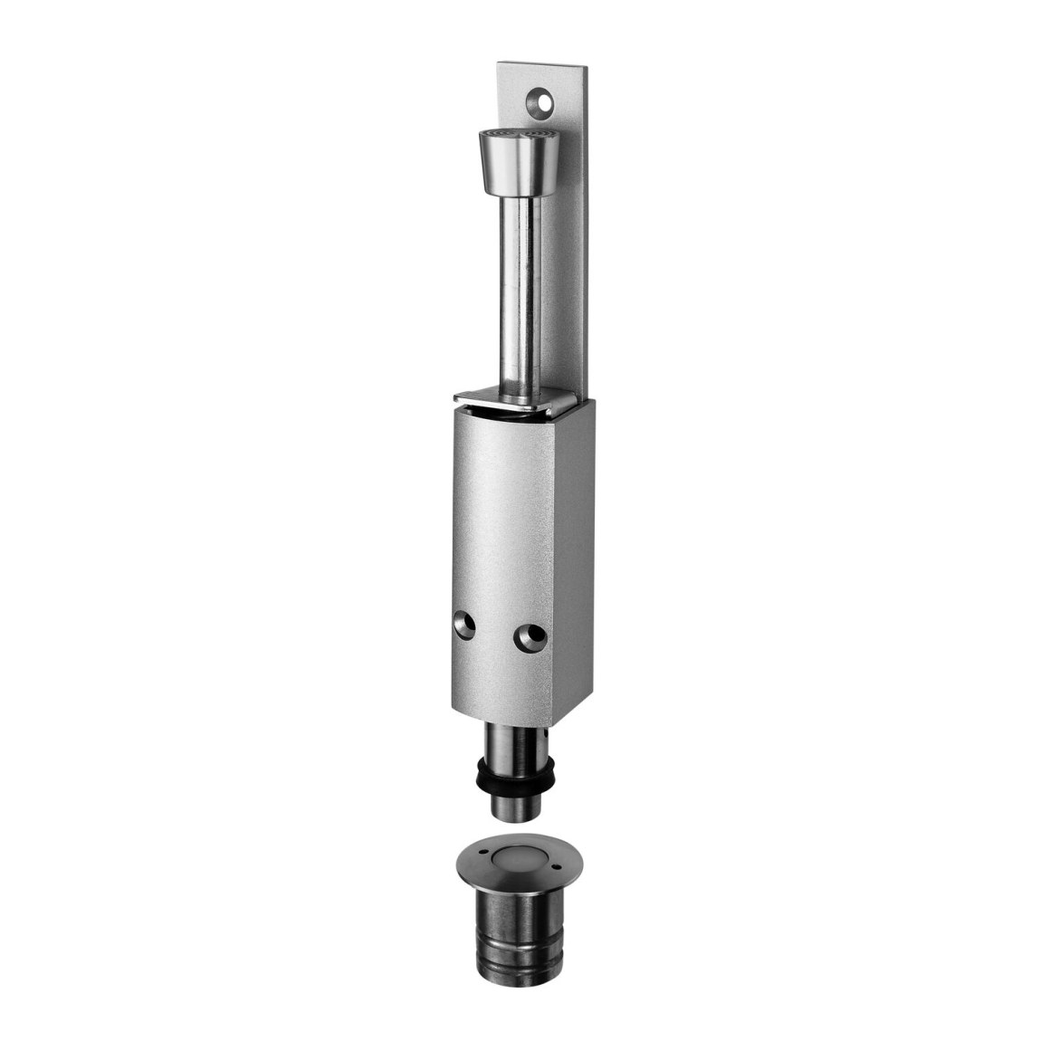Dveřní stavěč 1248 s podlahovým pouzdrem,zdvih 150mm,hliník stříbr. elox/nerez